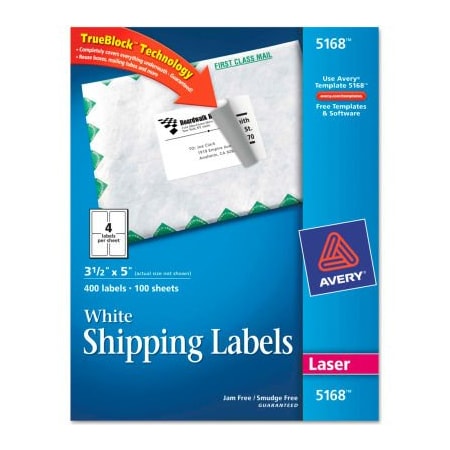 Avery Avery Shipping Labels with TrueBlock Technology, 3-1/2 x 5, White, 400/Box 5168